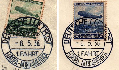 Genuine postmark on left, forged Bock postmark on right; notice shape of the "M" in Nordamerika and the "3" in 36. (click all images to enlarge)