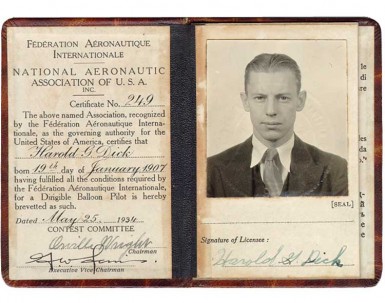 Harold Dick's license as a balloon pilot