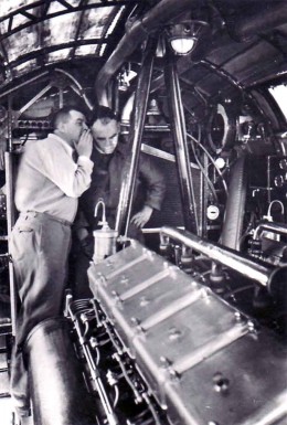 Interior of Hindenburg engine car, with Chief Engineer Rudolf Sauter (left) and Engineer Raphael SchÃ¤dler (right) 