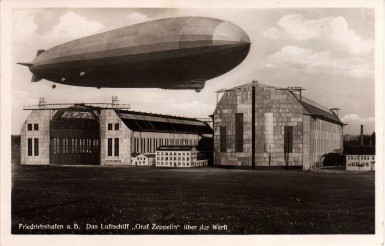 The construction sheds at Friedrichshafen. The older Factory Shed II, whose height limited the dimensions of Graf Zeppelin, is on the left, and the new, larger shed which allowed construction of Hindenburg is on the right.