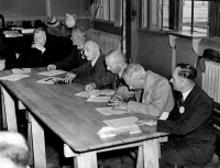 German Board of Inquiry at Lakehurst, May 14, 1937. Left to right: Hugo Eckener, Ludwig DÃ¼rr, Joachim Breithaupt, Gunther Bock, Max Dieckmann, and Walter Hoffman.