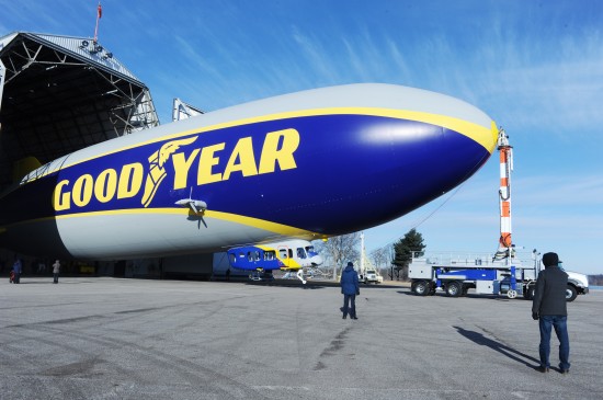 The new Goodyear airship leaving the hangar for its first flight on March 17, 2014. (photo: Goodyear)