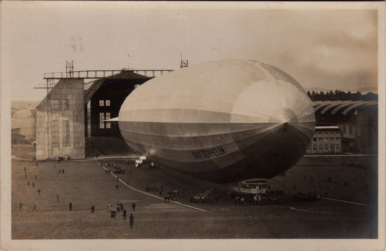 Graf Zeppelin being led from its hangar for its first flight on September 18, 1928.
