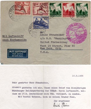 North America Flight, September 17-24, 1936. Posted at Nurnberg with NSDAP Party Day cancel, with enclosed letter. (Sieger 437B)