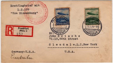 Registered mail carried on Hindenburg's first flight from Europe to America (Sieger 406D)