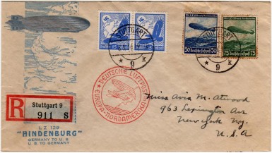 Cover carried on Hindenburg's maiden flight from Germany to the United States. Sieger 406D.