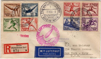 Frankfurt to Lakehurst, August 5-11, 1936, mailed from the Olympic Games in Berlin. (Sieger 428C)