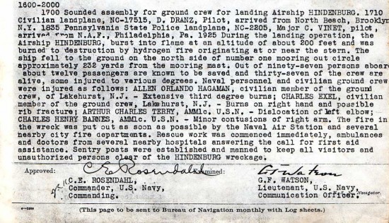 NAS Lakehurst Log, Hindenburg Disaster