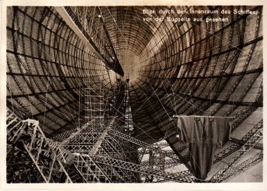 Graf Zeppelin under construction, showing the keel at bottom of photograph, and the axial corridor above, which ran down the center of the ship.