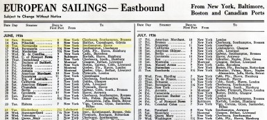 1936 Transatlantic schedule, showing the Hindenburg crossing in 2-1/2 days, the Blue Riband winning Queen Mary, Normandie, and Bremen crossing in 5 days, and slower ships taking as long as 10 days.
