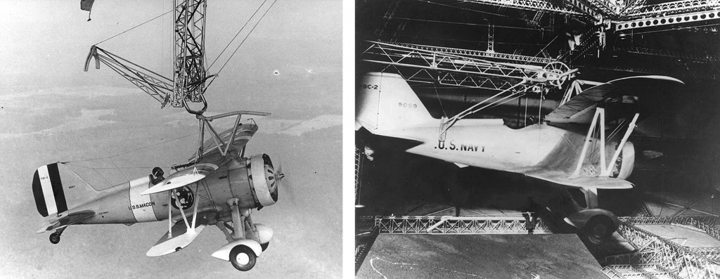 F9C-2 hooking on trapeze (left) and stowerd in hangar deck (right)
