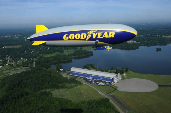 Wingfoot One over Goodyear's Wingfoot Lake Airship Base where it was assembled. (photo: Goodyear)